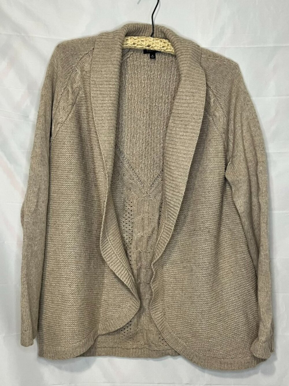 Talbots Wool Cashmere Cardigan Sweater Womens Tan Cable Knit Open Front Medium